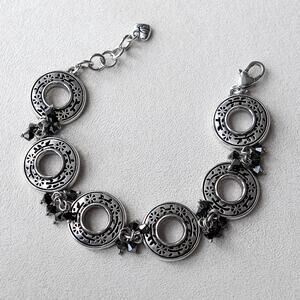 Vintage Brighton Circle Disk Link Bracelet Black Faceted Dangle Beads 7-8"